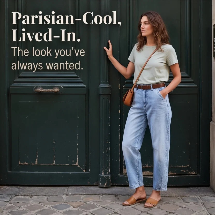 Light Blue Women's High-Waisted Barrel Leg Jeans — Aida Everyday Cropped Curved-Seam - Door Pose