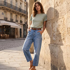 Light Blue Women's High-Waisted Barrel Leg Jeans — Aida Everyday Cropped Curved-Seam - Side Pose