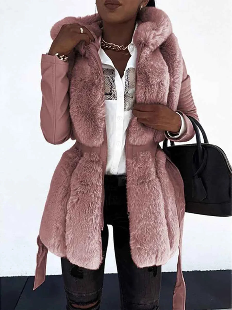 Pink Women's Belted Hooded Winter Parka - Front Pose Open Collar