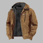 Brown Men's Hooded Bomber Jacket with Dual-Layer Design & Zip-Front Closure