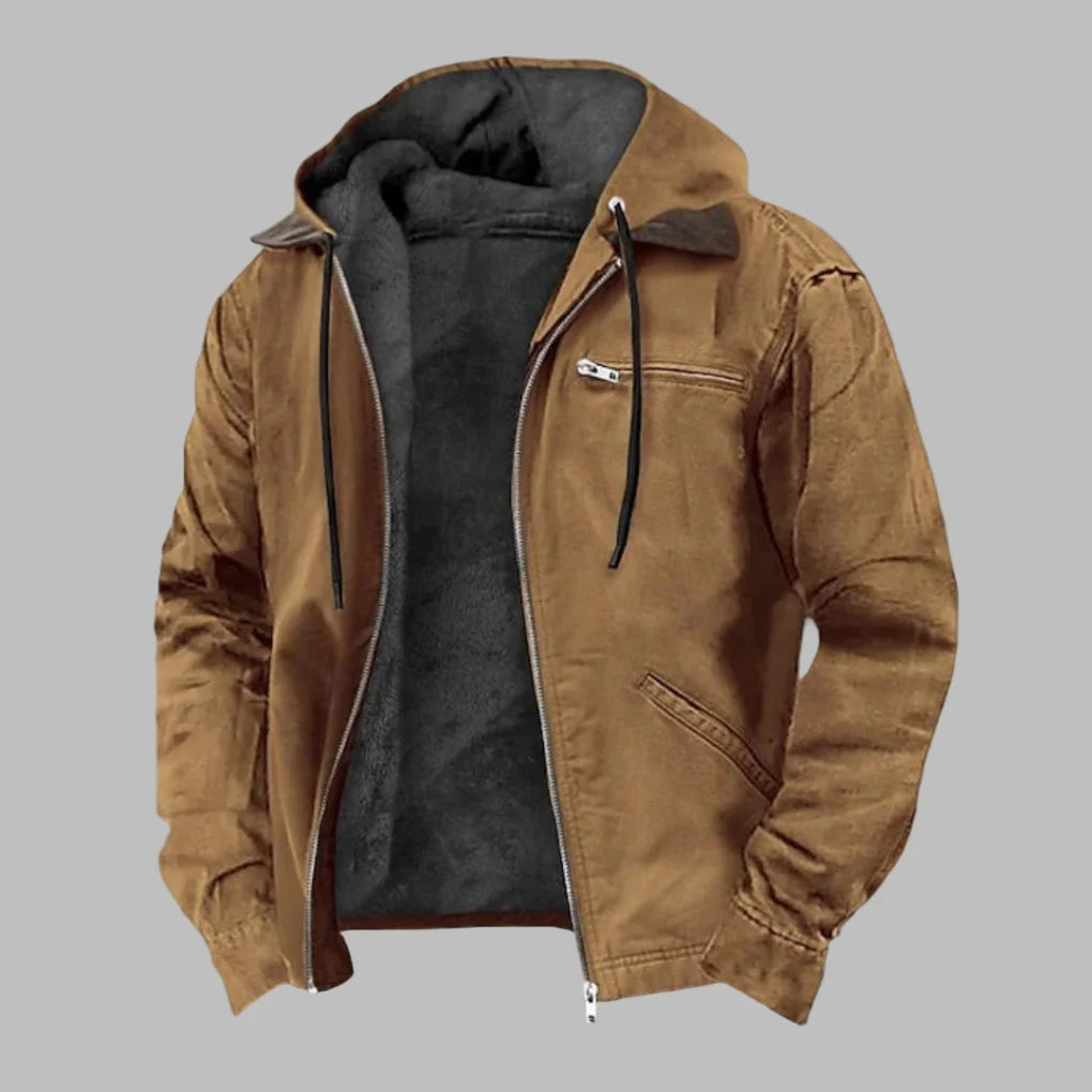 Brown Men's Hooded Bomber Jacket with Dual-Layer Design & Zip-Front Closure