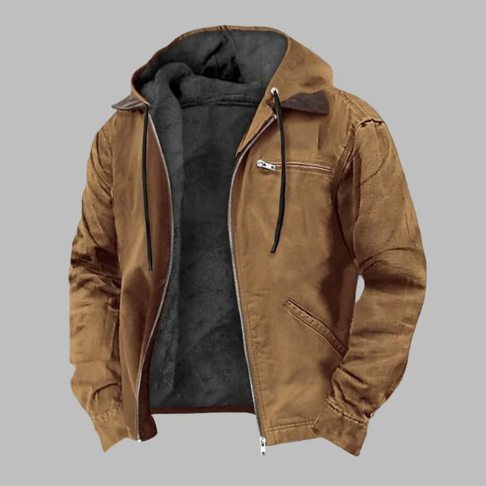 Brown Men's Hooded Bomber Jacket with Dual-Layer Design & Zip-Front Closure