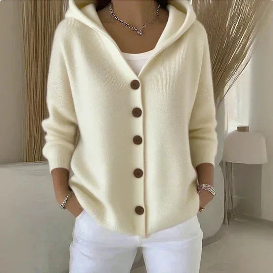 Beige Women's Hooded Cardigan — Kelly Button-Front Long Sleeve Ribbed Knit - Worn Lifestyle