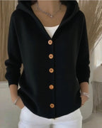 Black Women's Hooded Cardigan — Kelly Button-Front Long Sleeve Ribbed Knit - Hand In Pocket