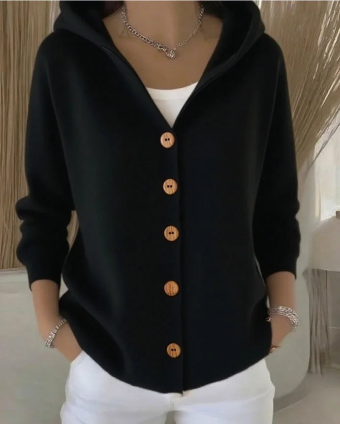 Black Women's Hooded Cardigan — Kelly Button-Front Long Sleeve Ribbed Knit - Hand In Pocket
