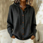 Black Women's Hooded Cardigan with Button-Front Closure & Relaxed Fit