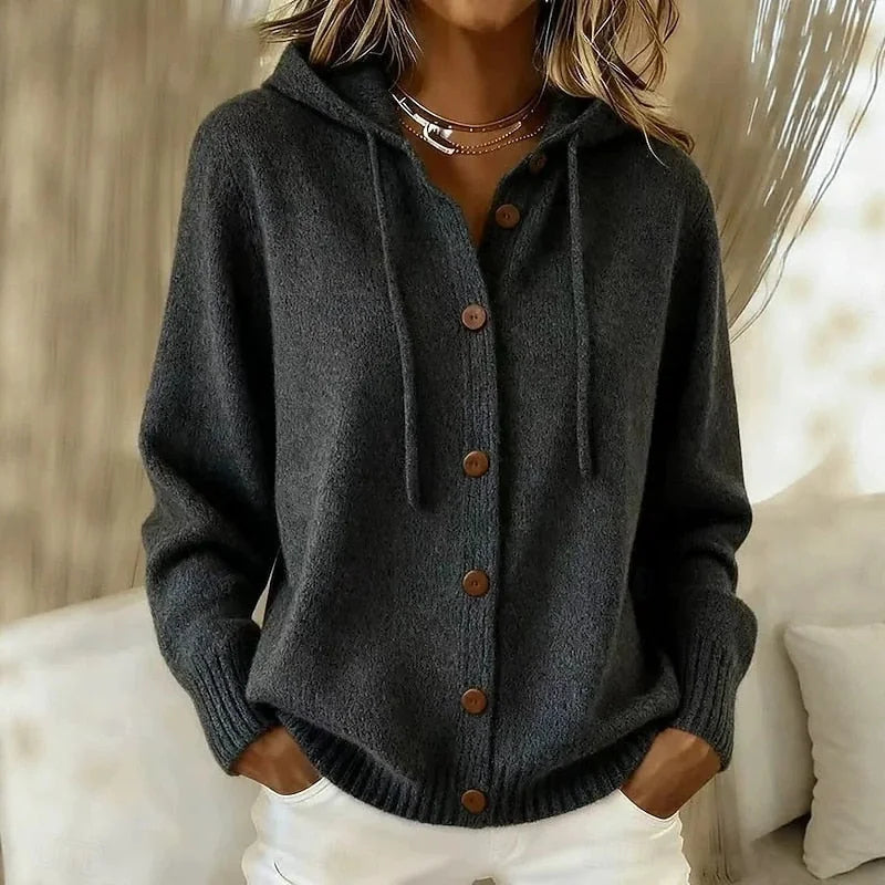 Black Women's Hooded Cardigan with Button-Front Closure & Relaxed Fit