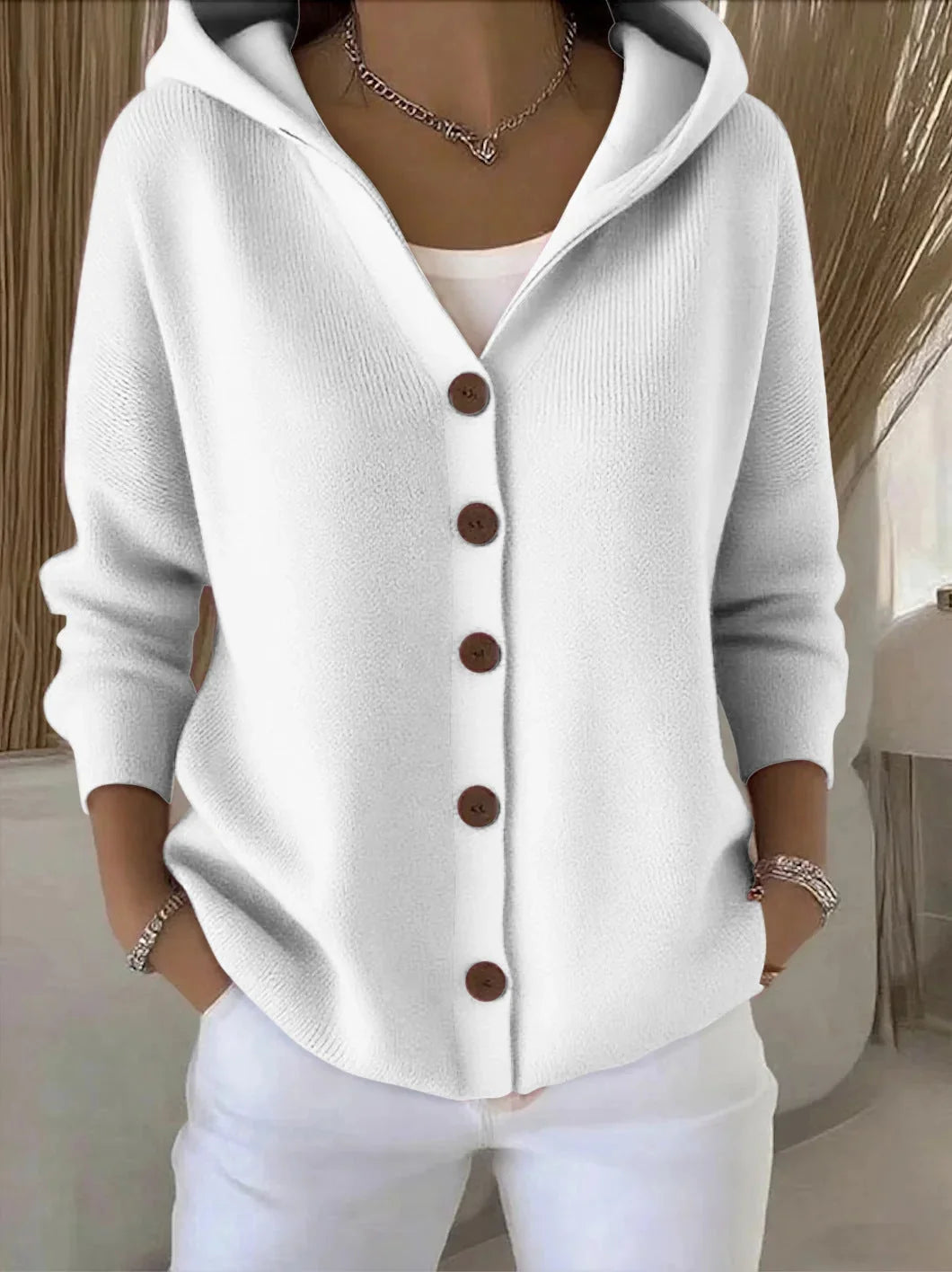 Gray Women's Hooded Cardigan — Kelly Button-Front Long Sleeve Ribbed Knit - Close Up Buttons