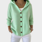 Green Women's Hooded Cardigan — Kelly Button-Front Long Sleeve Ribbed Knit - Front Full
