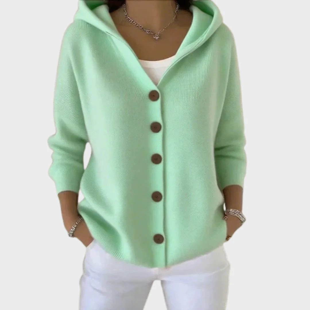 Green Women's Hooded Cardigan — Kelly Button-Front Long Sleeve Ribbed Knit - Front Full