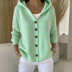 Green Women's Hooded Cardigan — Kelly Button-Front Long Sleeve Ribbed Knit - Side Pose