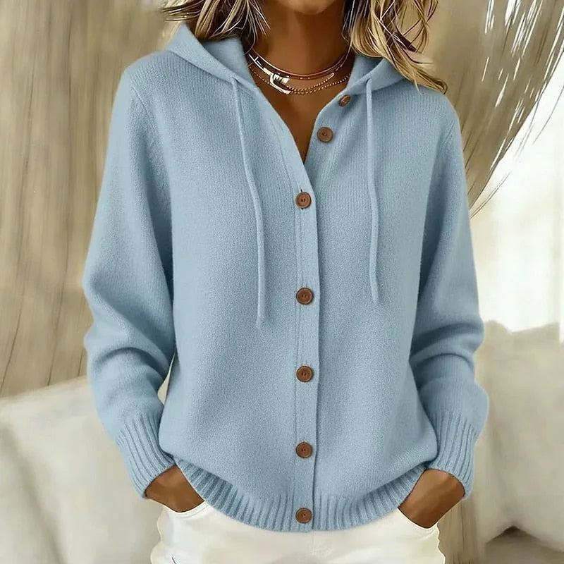 Light Blue Women's Hooded Cardigan with Button-Front Closure & Relaxed Fit