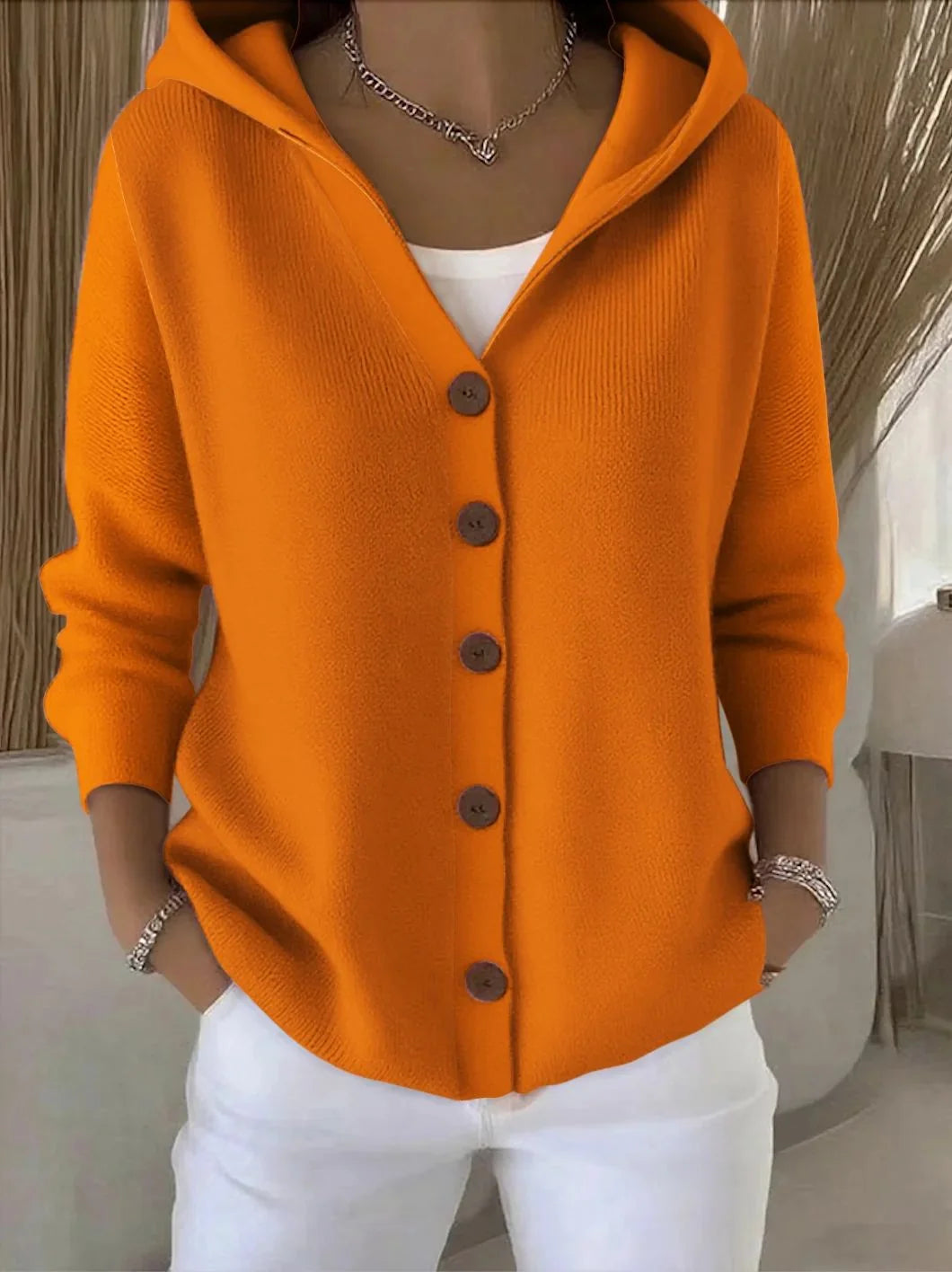 Orange Women's Hooded Cardigan — Kelly Button-Front Long Sleeve Ribbed Knit - Outdoor Pose