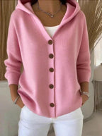 Pink Women's Hooded Cardigan — Kelly Button-Front Long Sleeve Ribbed Knit - Studio Pose
