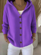 Purple Women's Hooded Cardigan — Kelly Button-Front Long Sleeve Ribbed Knit - Front Standing