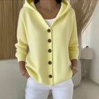 Yellow Women's Hooded Cardigan — Kelly Button-Front Long Sleeve Ribbed Knit - Front Pose