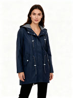 Navy Women's Waterproof Raincoat With Hood — Tara Belted Drawstring Anorak - Side Pose