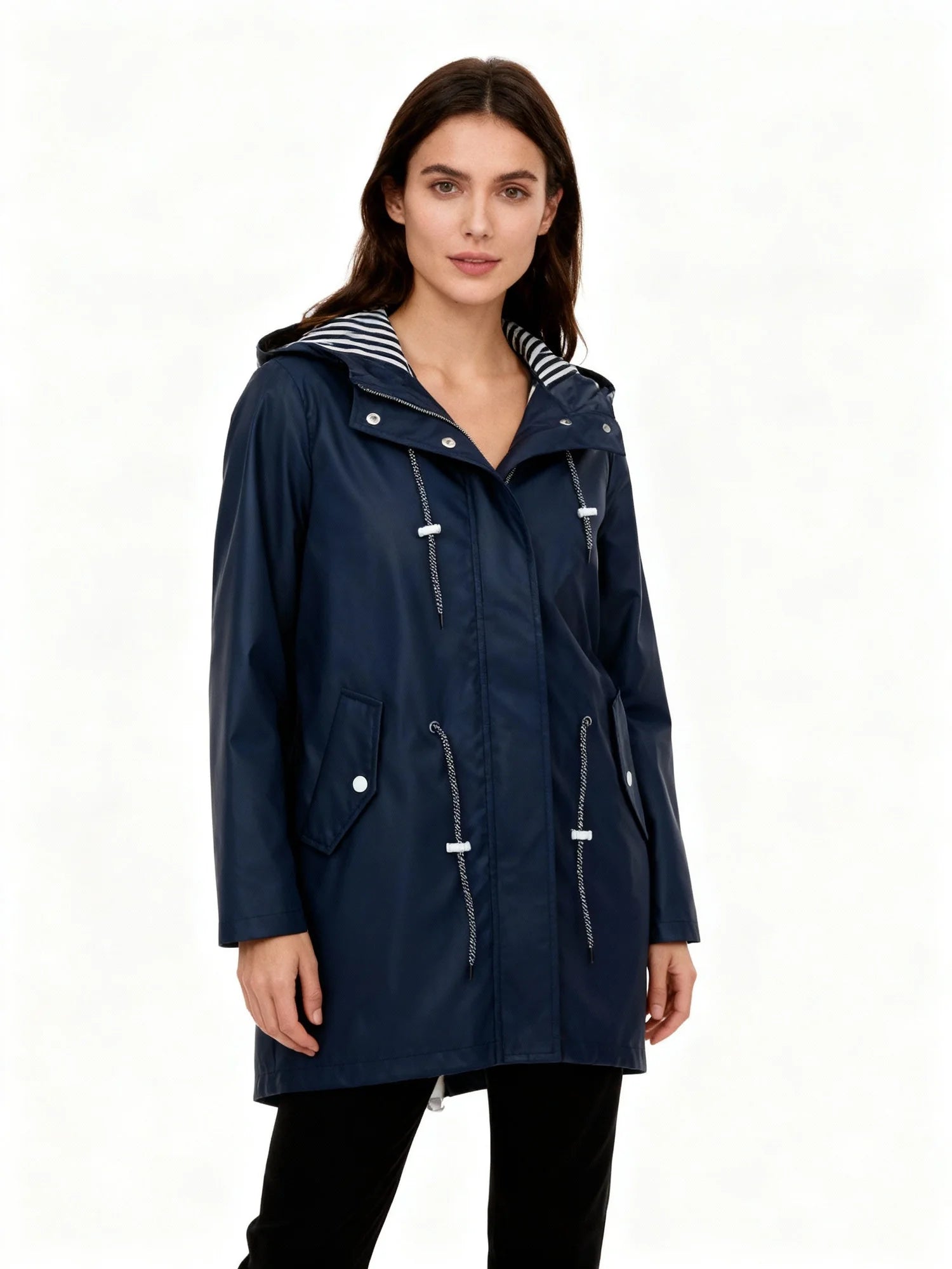 Navy Women's Waterproof Raincoat With Hood — Tara Belted Drawstring Anorak - Side Pose
