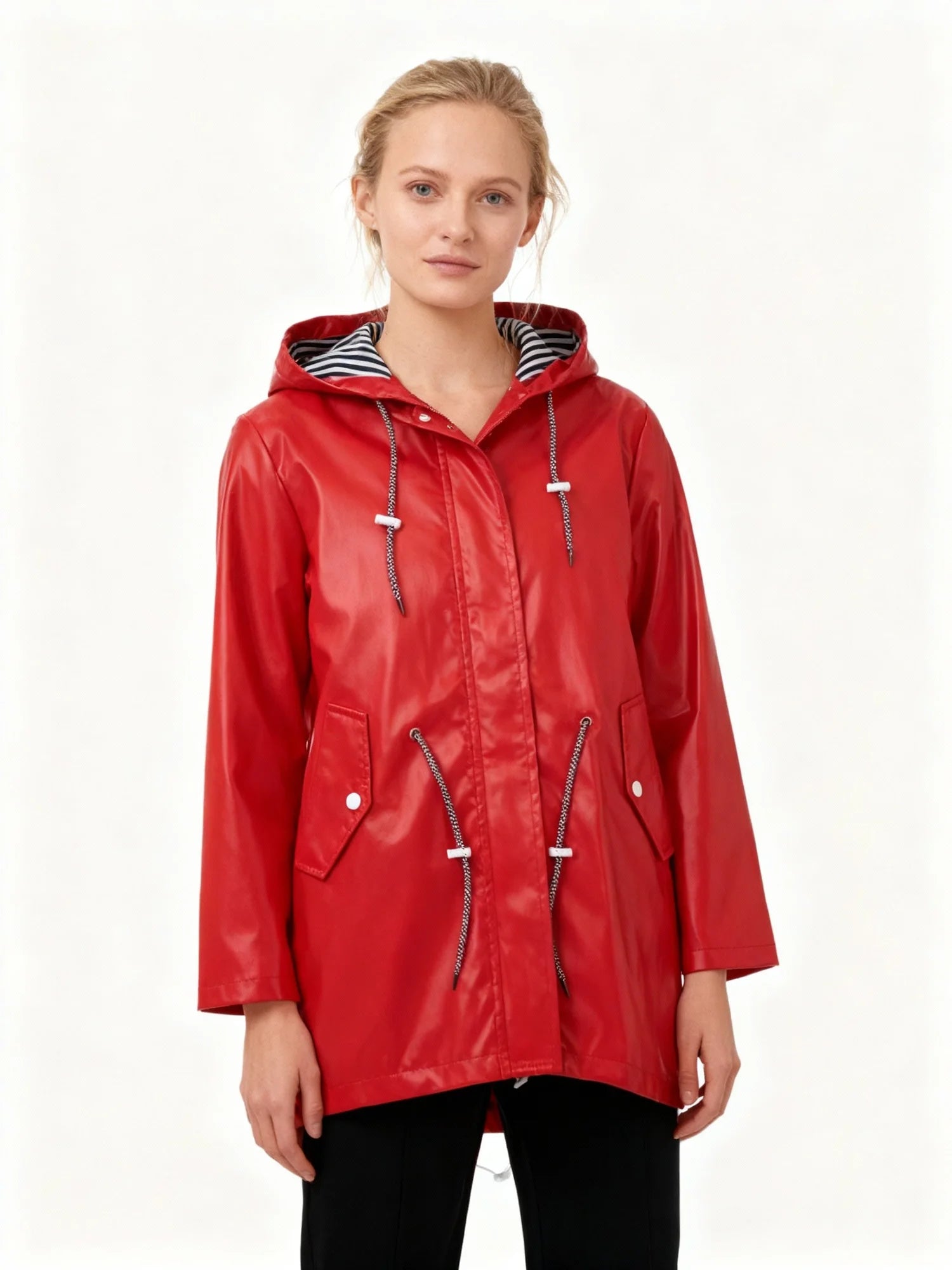 Red Women's Waterproof Raincoat With Hood — Tara Belted Drawstring Anorak - Front Closeup