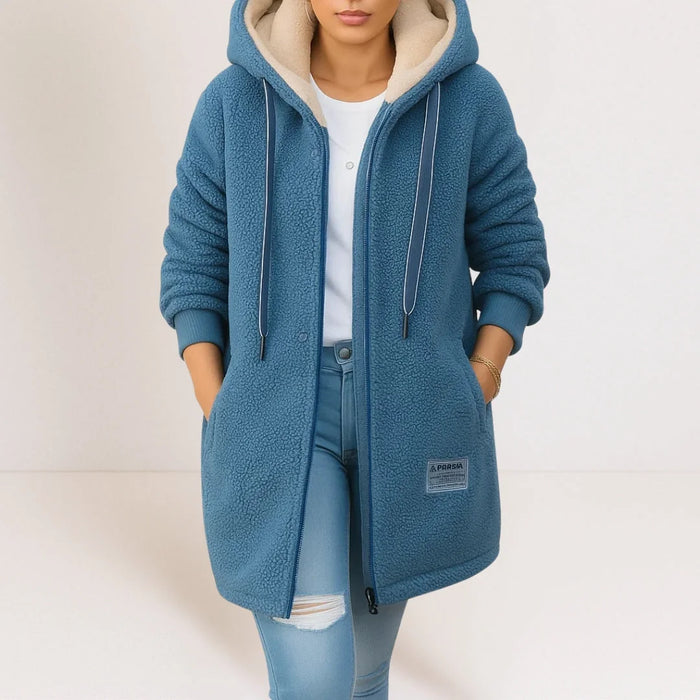 Blue Women's Fleece Jacket with Hood, Drawstring & Pockets