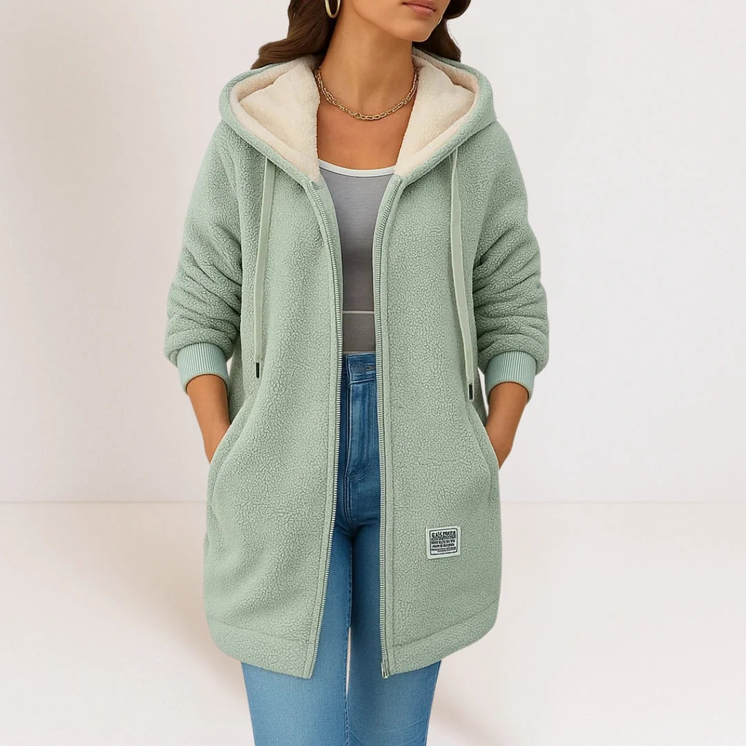 Green Women's Fleece Jacket with Hood, Drawstring & Pockets