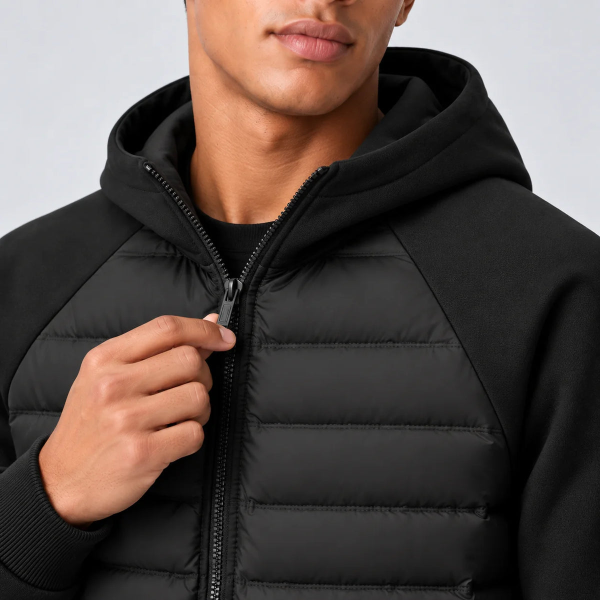 Men's Hooded Hybrid Jacket with Quilted Front & Ribbed Cuffs - Close Up Zipper
