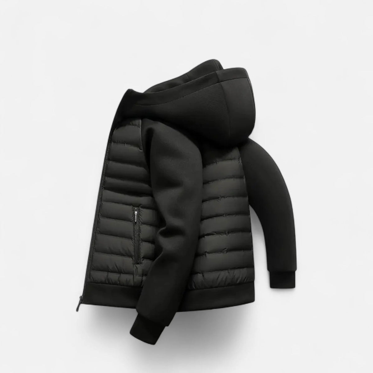 Men's Hooded Hybrid Jacket with Quilted Front & Ribbed Cuffs - Folded Side
