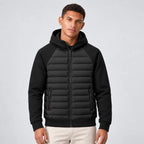 Black Men's Hooded Hybrid Jacket with Quilted Front & Ribbed Cuffs - Front Full