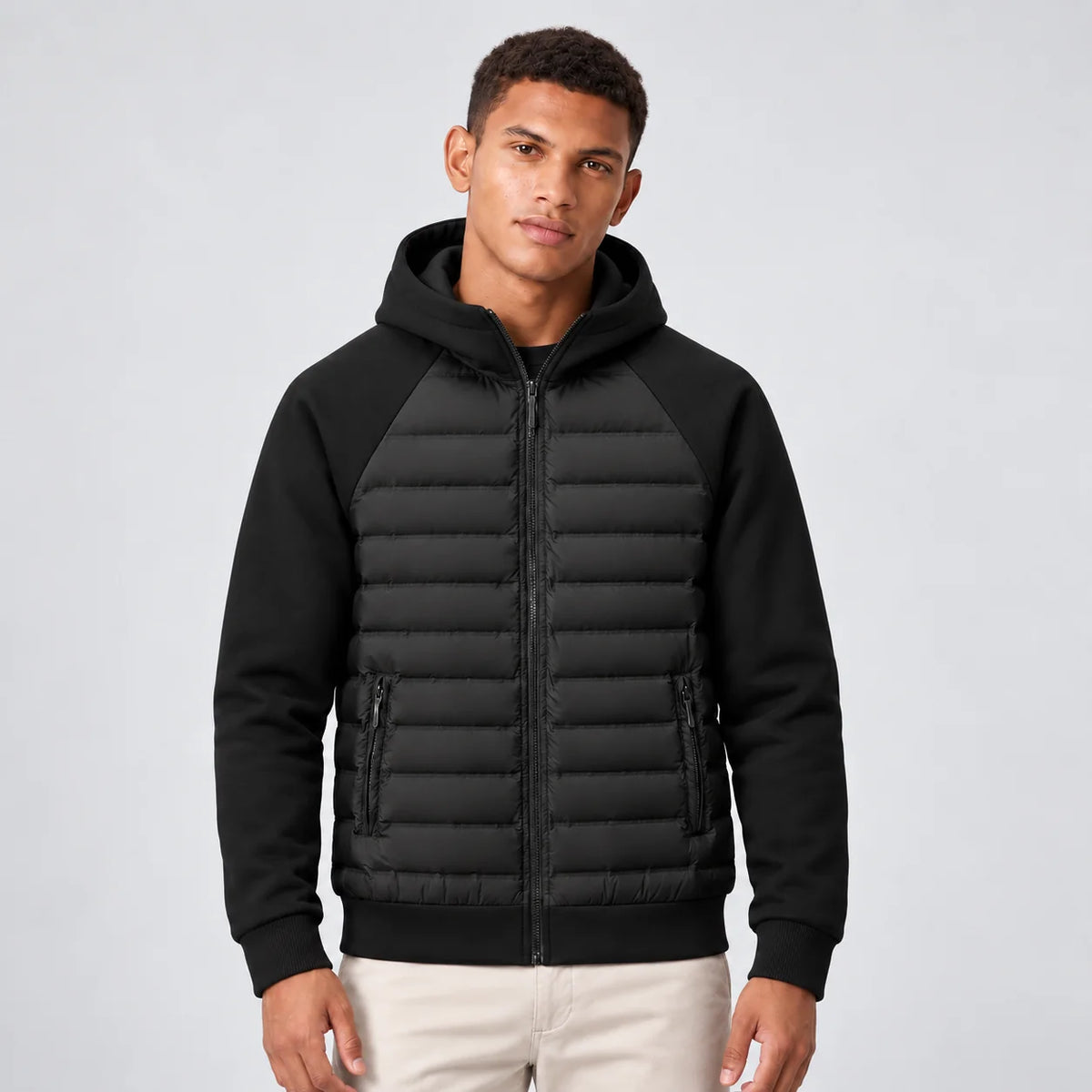 Black Men's Hooded Hybrid Jacket with Quilted Front & Ribbed Cuffs - Front Full
