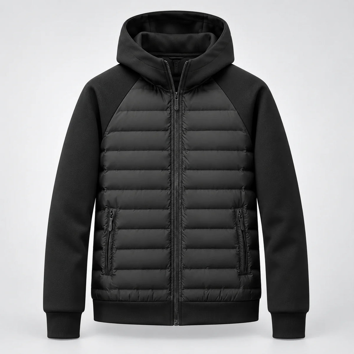 Men's Hooded Hybrid Jacket with Quilted Front & Ribbed Cuffs
