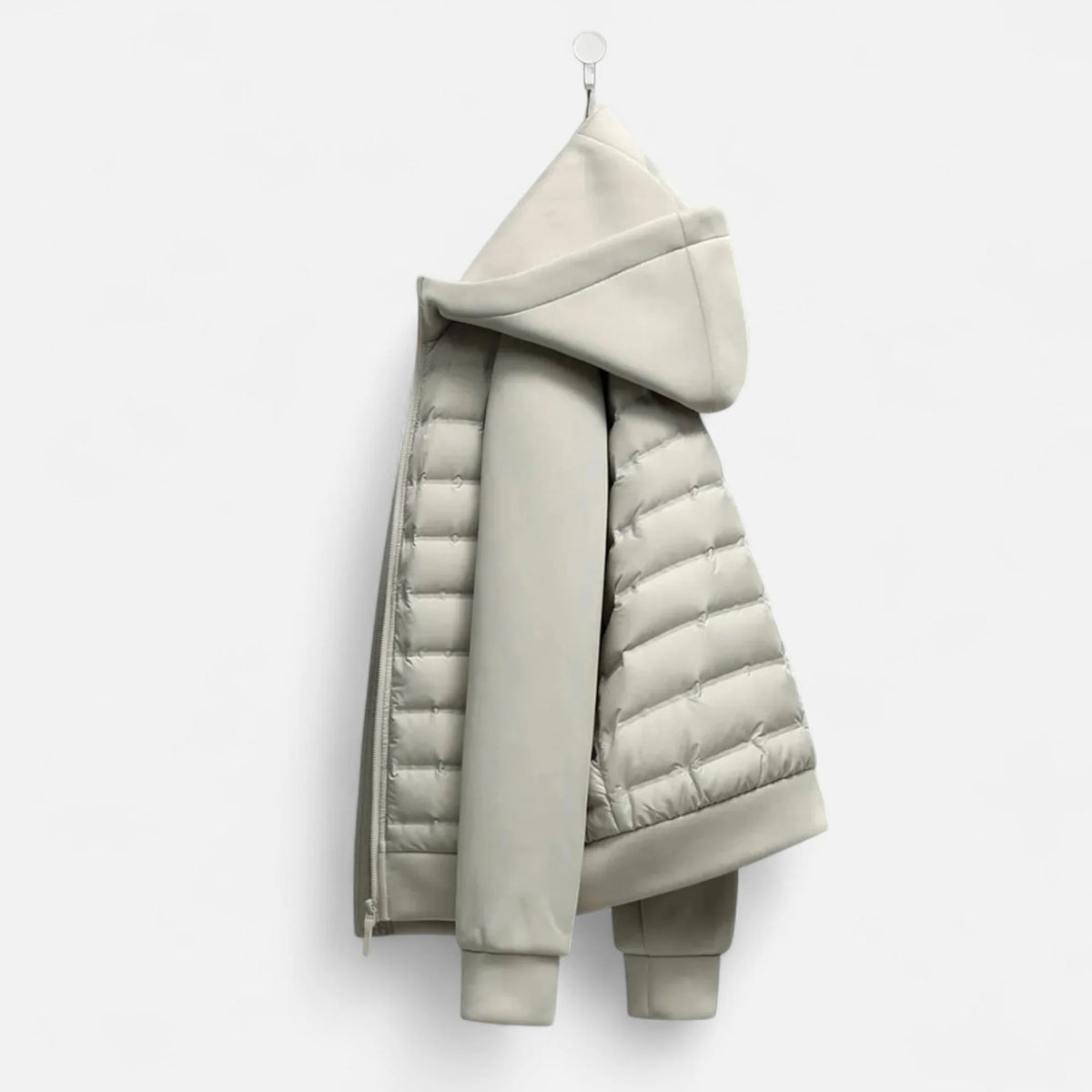Men's Hooded Hybrid Jacket with Quilted Front & Ribbed Cuffs - Hanging Display