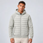 Grey Men's Hooded Hybrid Jacket with Quilted Front & Ribbed Cuffs - Worn Front