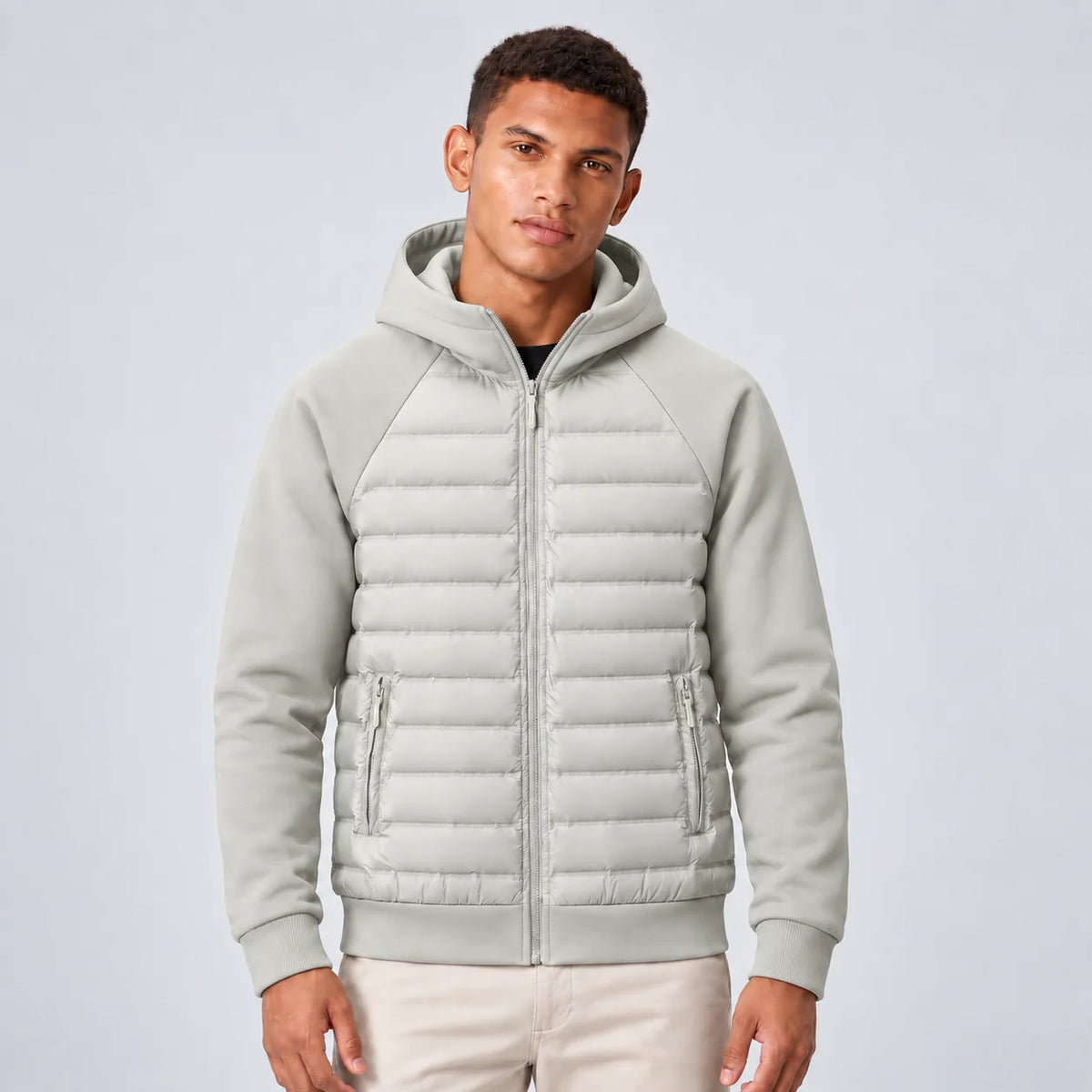 Grey Men's Hooded Hybrid Jacket with Quilted Front & Ribbed Cuffs - Worn Front