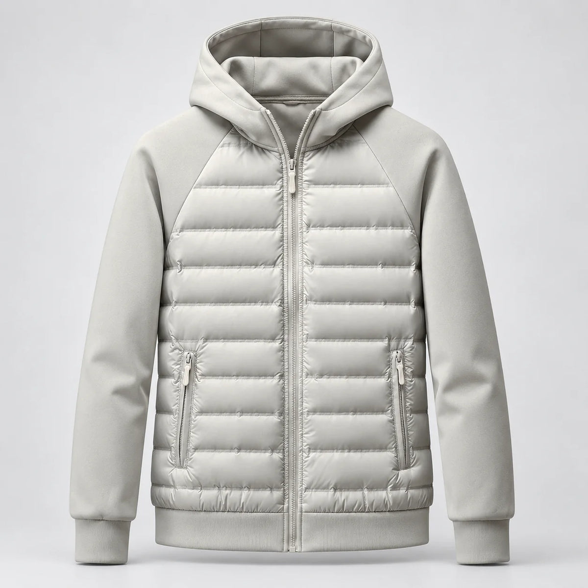 Men's Hooded Hybrid Jacket with Quilted Front & Ribbed Cuffs