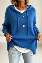 Blue Women's Hooded Knit Sweater with Drawstring & Relaxed Oversized Fit