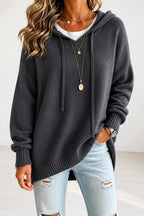 Gray Women's Hooded Knit Sweater with Drawstring & Relaxed Oversized Fit