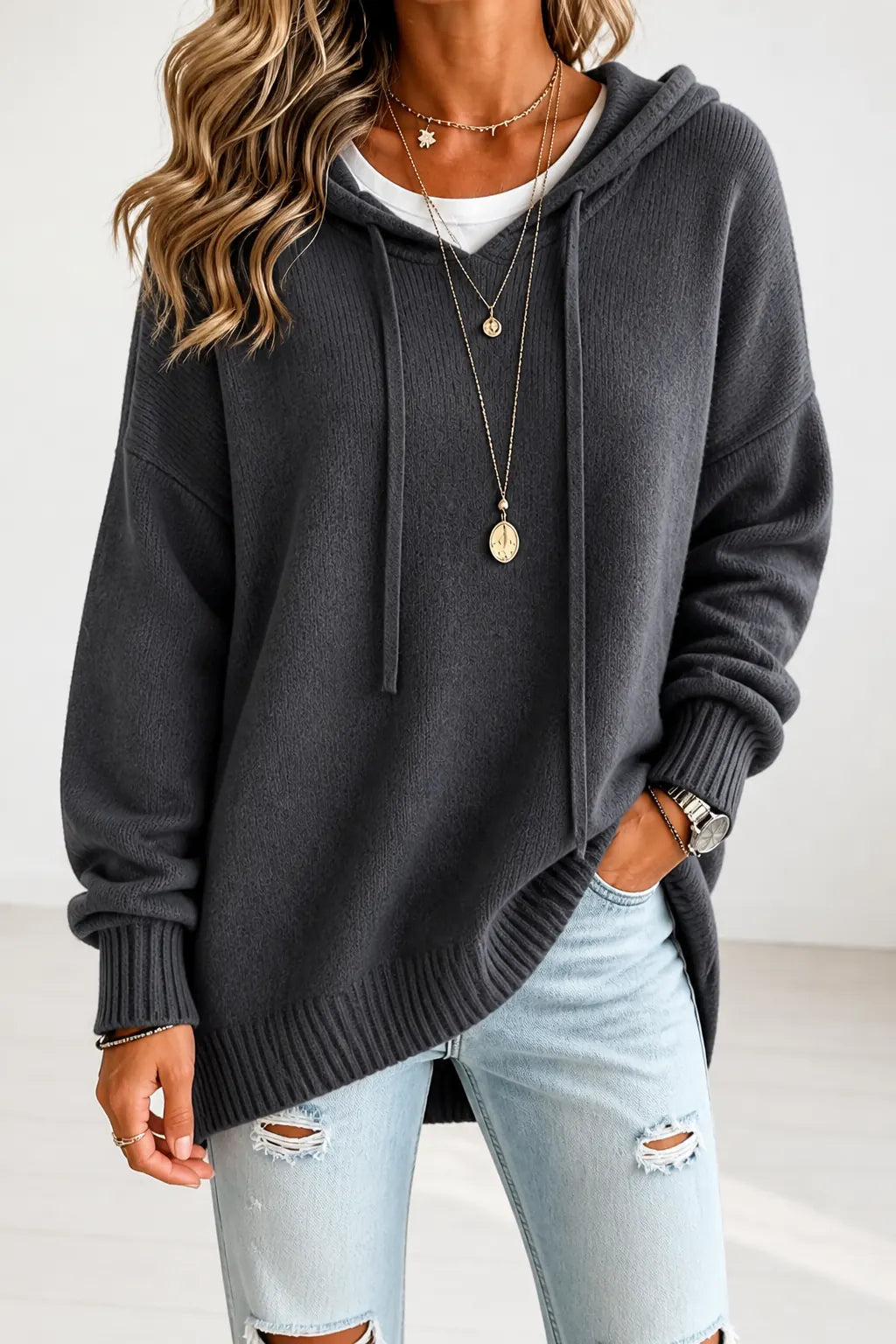 Gray Women's Hooded Knit Sweater with Drawstring & Relaxed Oversized Fit