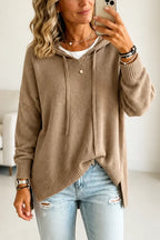 Khaki Women's Hooded Knit Sweater with Drawstring & Relaxed Oversized Fit — Elena