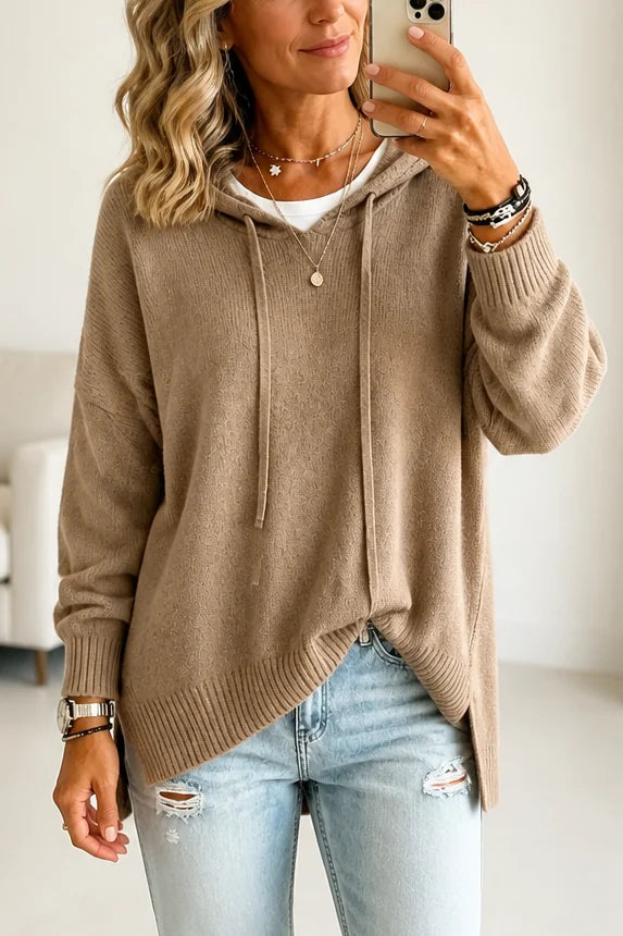 Khaki Women's Hooded Knit Sweater with Drawstring & Relaxed Oversized Fit — Elena