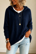 Navy Blue Women's Hooded Knit Sweater with Drawstring & Relaxed Oversized Fit