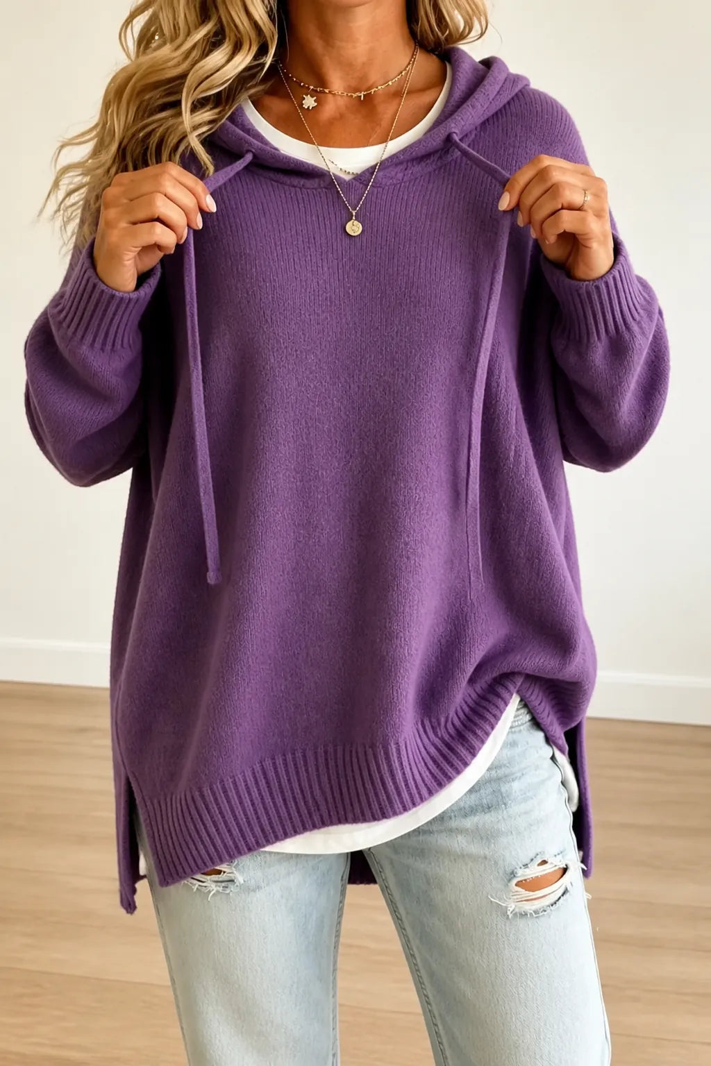 Purple Women's Hooded Knit Sweater with Drawstring & Relaxed Oversized Fit