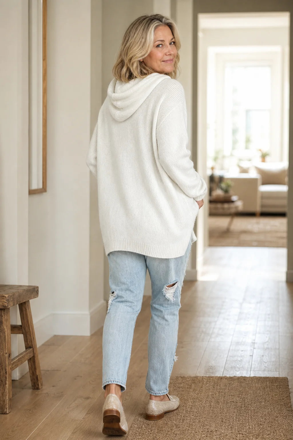 Women's Hooded Knit Sweater with Drawstring & Relaxed Oversized Fit - Back Full