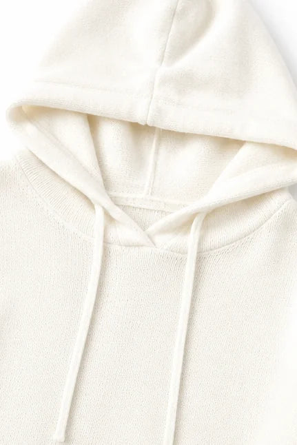 White Women's Hooded Knit Sweater with Drawstring & Relaxed Oversized Fit — Elena - Hood Detail