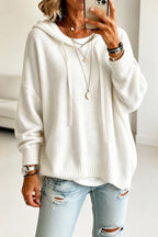 White Women's Hooded Knit Sweater with Drawstring & Relaxed Oversized Fit