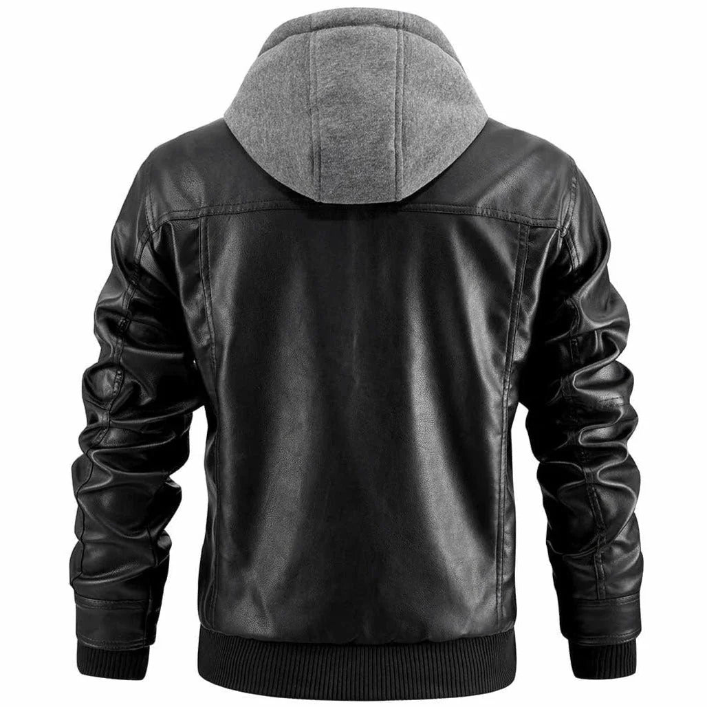 Men's Hooded Leather Jacket with Zip Front & Relaxed Fit - Back Detail