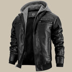 Men's Hooded Leather Jacket with Zip Front & Relaxed Fit - Front Full