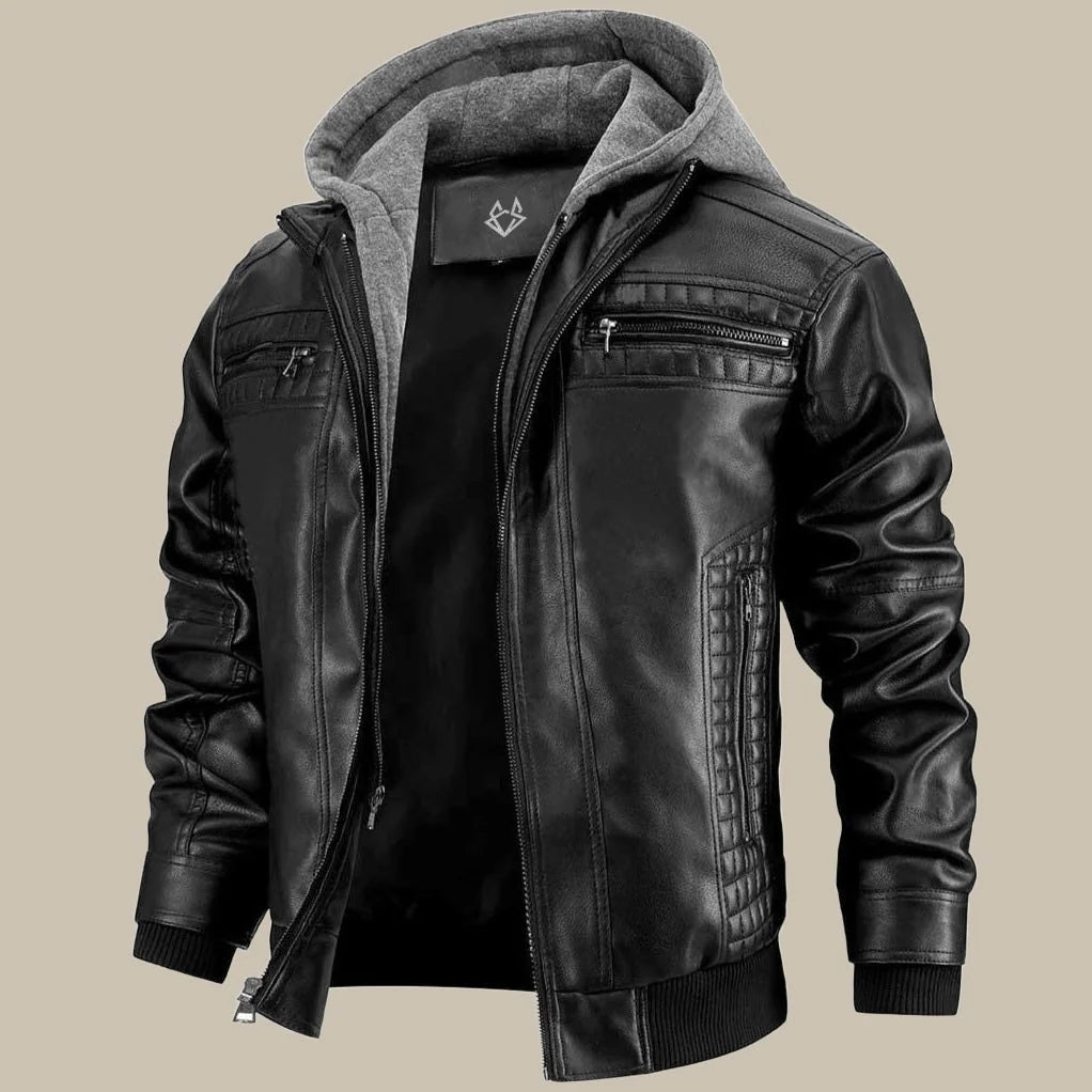 Men's Hooded Leather Jacket with Zip Front & Relaxed Fit - Front Full