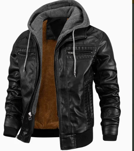 Black Men's Hooded Leather Jacket with Zip Front & Relaxed Fit - Front Hood Down