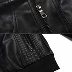 Men's Hooded Leather Jacket with Zip Front & Relaxed Fit - Zipper Close Up