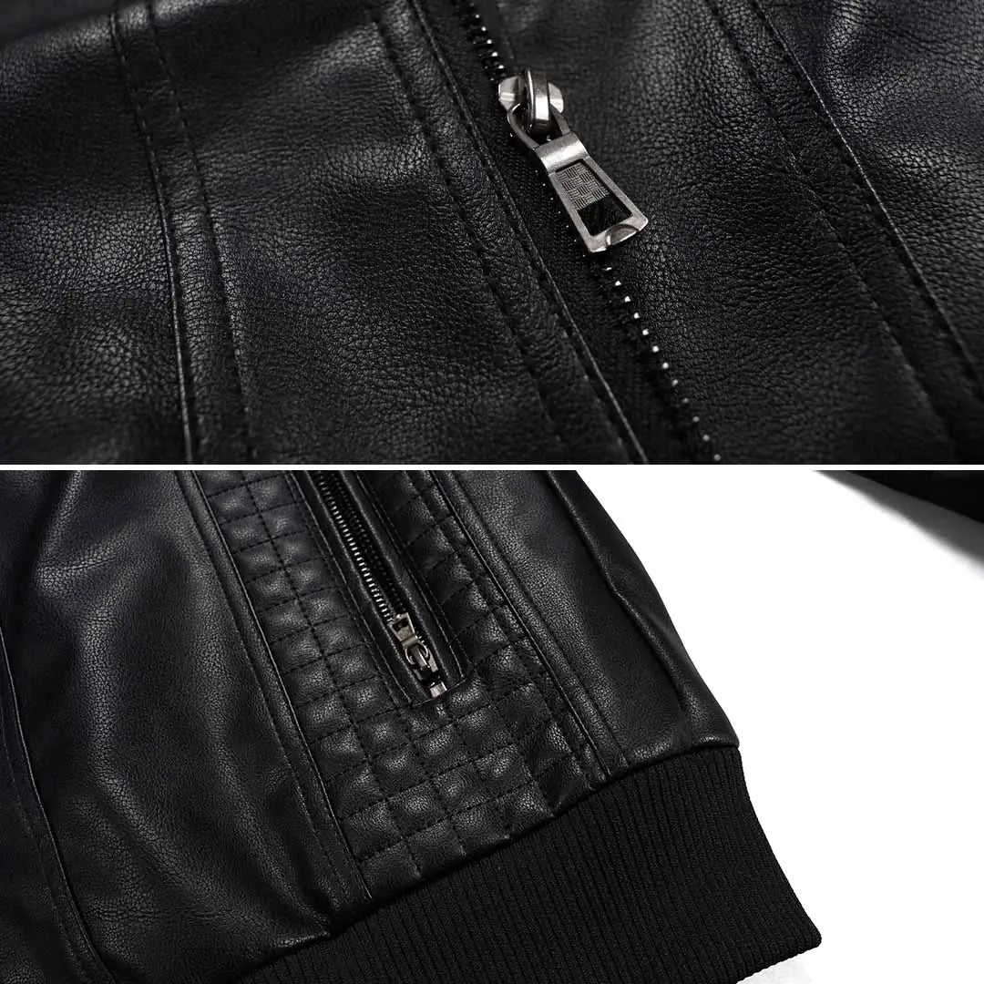 Men's Hooded Leather Jacket with Zip Front & Relaxed Fit - Zipper Close Up